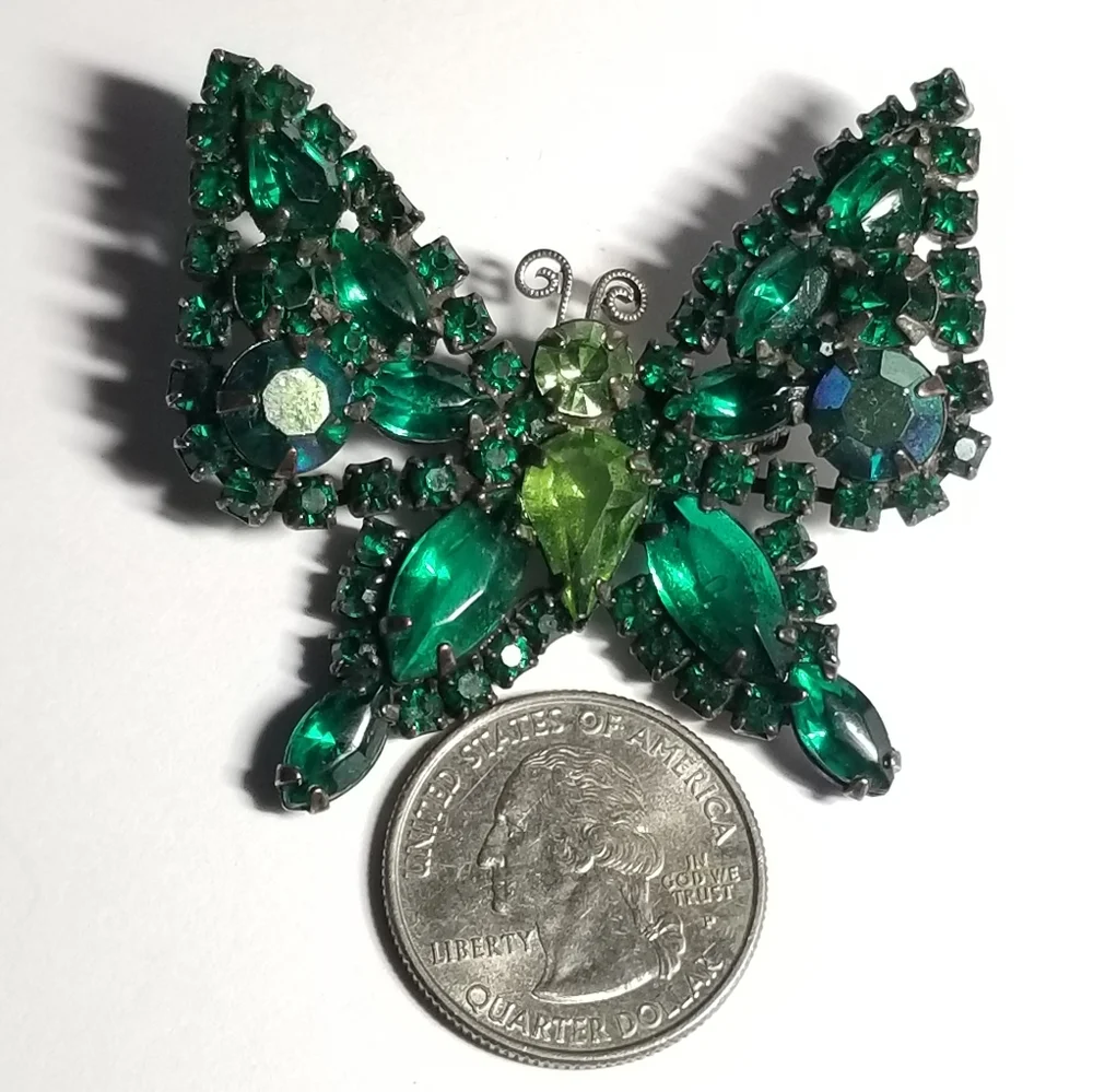Vintage butterfly brooch green rhinestones pin moth insect bug jewelry p…